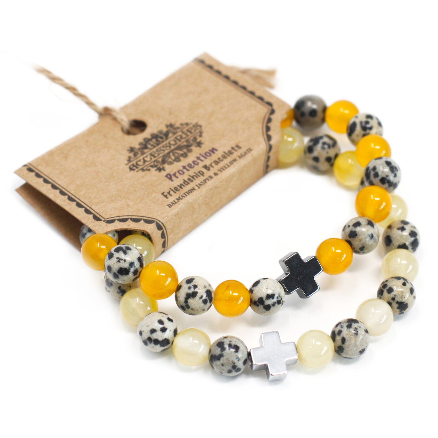 Set of 2 Gemstones Friendship Bracelets - Protection - Dalmatian Jasper & Yellow