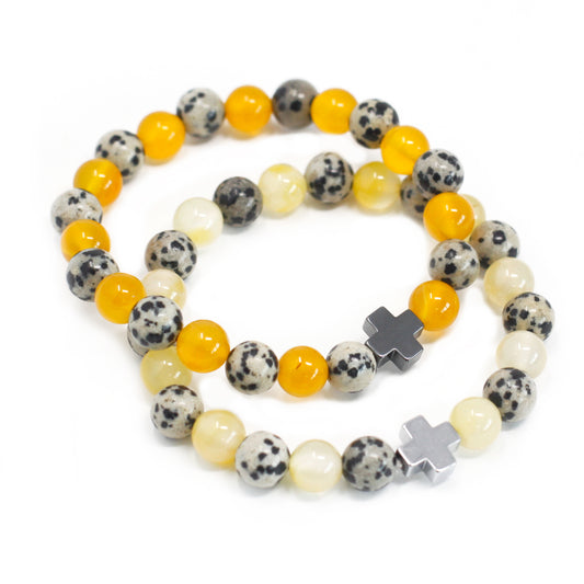 Set of 2 Gemstones Friendship Bracelets - Protection - Dalmatian Jasper & Yellow