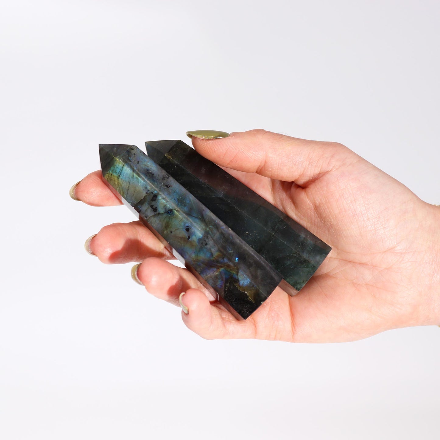 Madagascar Labradorite Points ( approx 63-93 gm 80x90 mm x 25 mm )