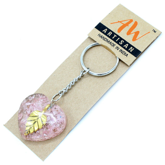 Orgonite Power Keyring - Rose Quartz Hearts / Golden Leaf