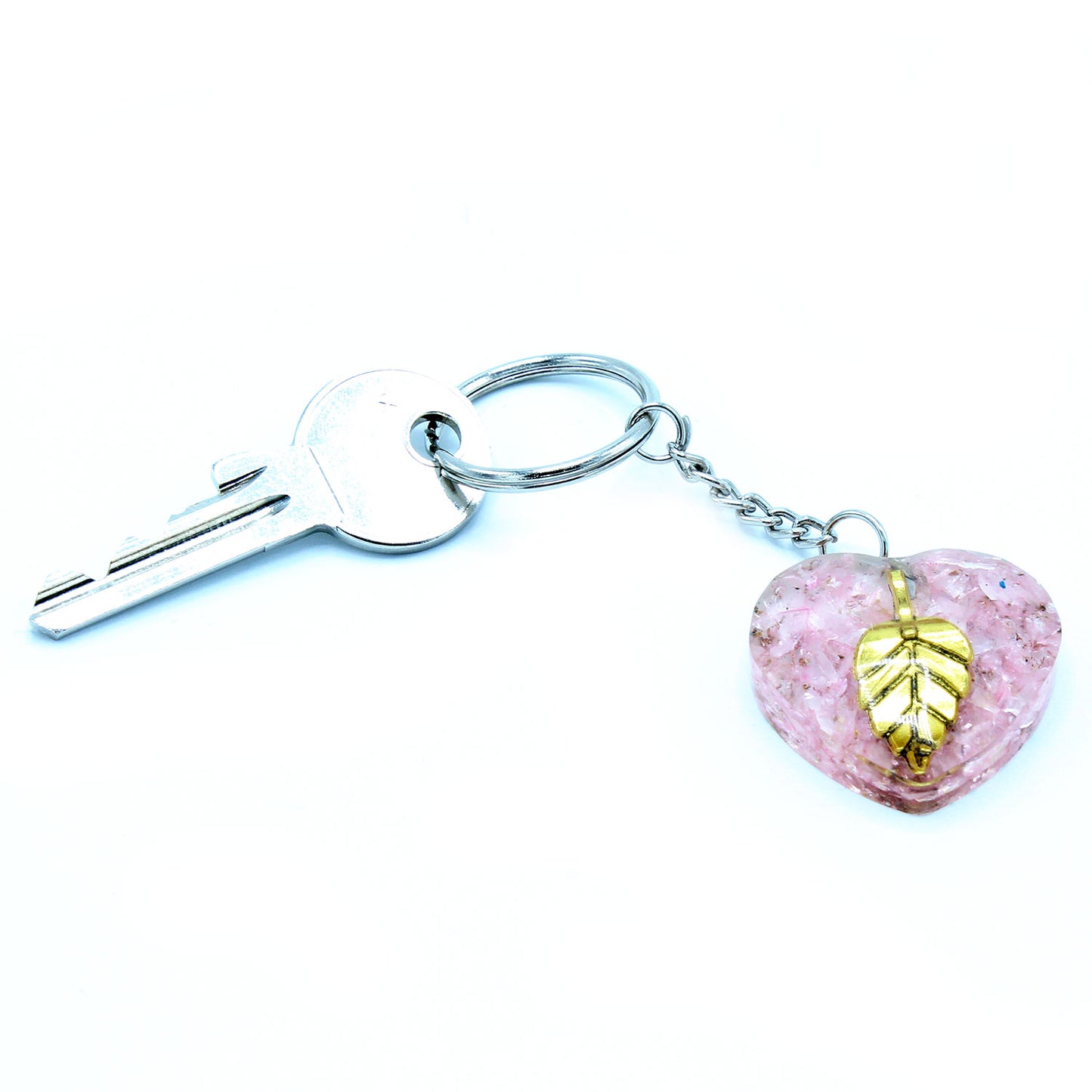 Orgonite Power Keyring - Rose Quartz Hearts / Golden Leaf