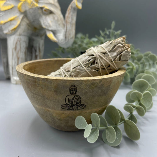 Wooden Smudge and Ritual Offerings Bowl - Buddha - 12x7 cm