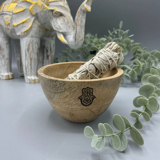 Wooden Smudge and Ritual Offerings Bowl - Hamsa - 12x7 cm